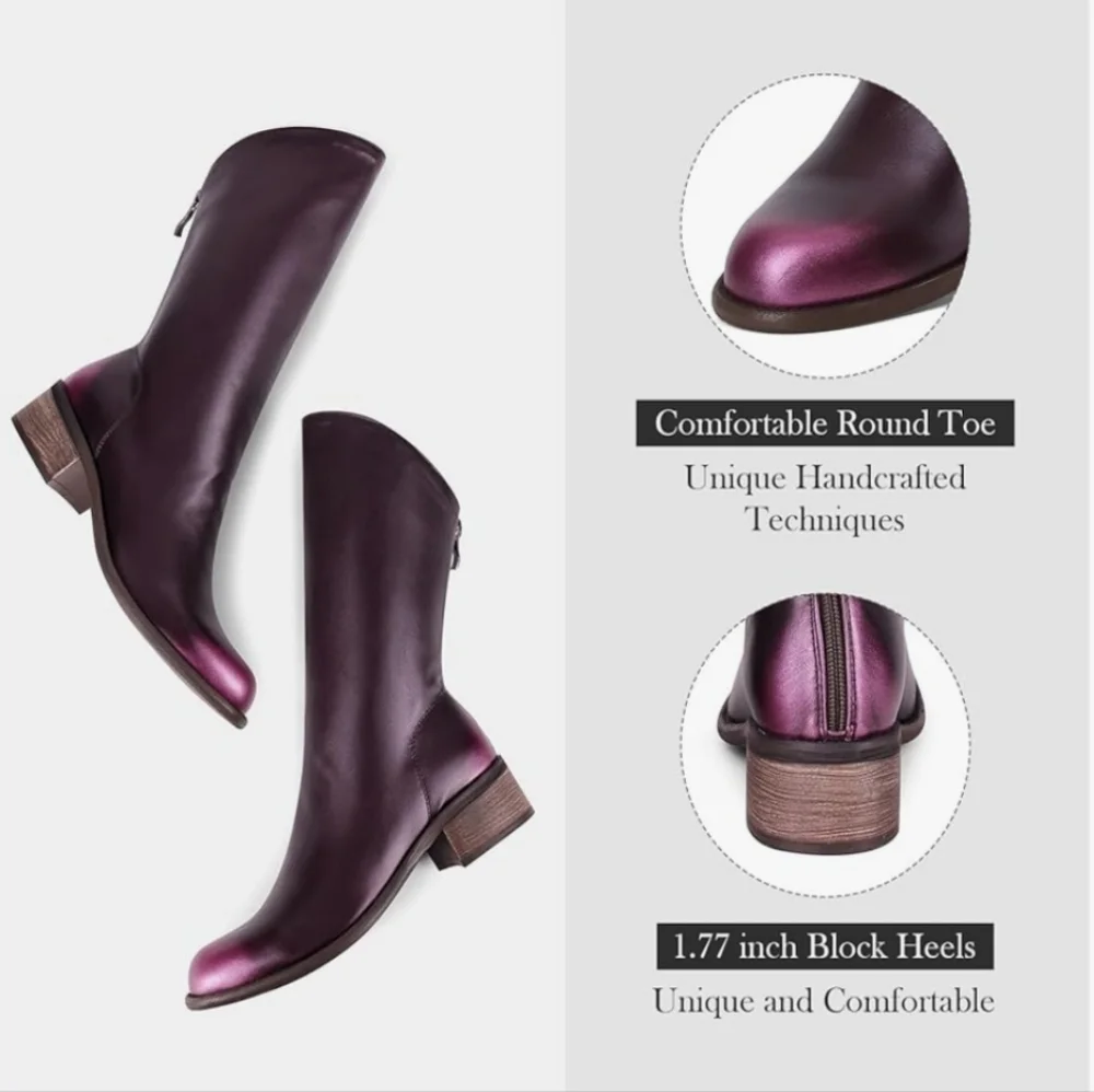 Sinsiyong Mid-Calf Back Zip Slant Boots with Round Toe & Chunky Heel, 7.5, NIB - Picture 5 of 7